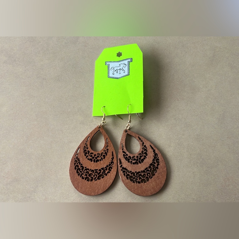 NWT Brown Teardrop Wooden Earrings with Crescent Design